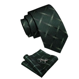 YourTies Green Ties for Men Silk Tie and Pocket Square Clip Set Classic Plaid Necktie Formal Business