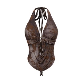 Verdusa Women's Boho Western Backless Halter Top Going Out Corset Tops Grunge Clothes Brown Medium