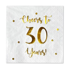 Servilletas de cóctel Cheers to 30 Years | decoraciones de cumpleaños 30 para hombres y mujeres y decoraciones de fiesta de aniversario de boda | 50 servilletas de 3 capas | 5 x 5 pulgadas plegadas (blanco)
