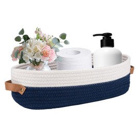 Hapforever 1 Pack Small Woven Storage Basket for Toilet Tank Top, Bathroom Countertop Organizer Cotton Rope Toilet Paper Storage Decorative Basket 13”x6”x4” (Navy/White)