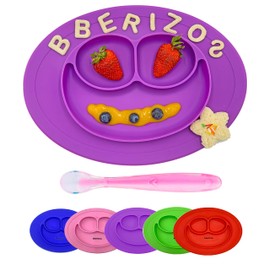 Bberizos| Plato Antideslizante Cuchara Suave Encías Set Alimentación de Silicona para Bebe Infantil con Divisiones para Niños Grado Alimenticio para Papillas Alimentos Sólidos Snakcs Sin BPA Sin PVC (Morado)