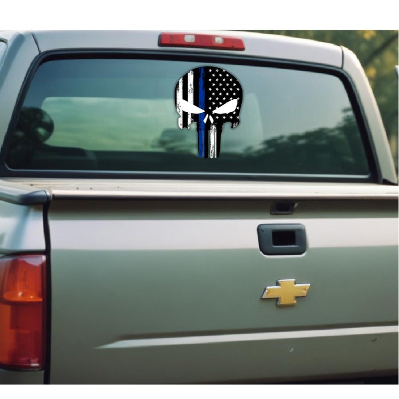 Skull Thin Blue Line Stickers Tattered Subdued US American Flag