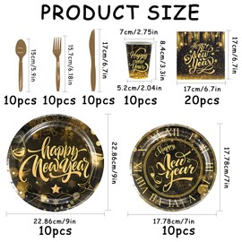 Lets Joy Happy New Year Party Tableware Set, 81 Pieces New Year's Eve Decoration Set, Black and Gold Party Tableware, New Year's Eve Decoration, Napkins, Tableware, Tableware