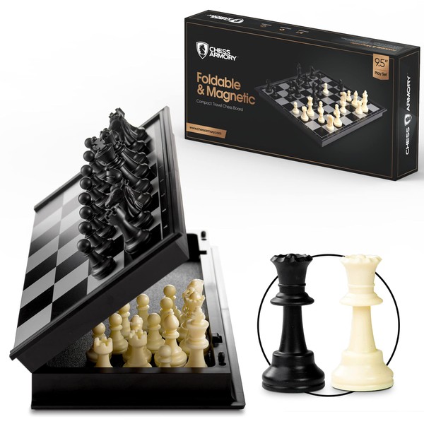 Chess Armory Travel Set 9.5" x 9.5"- Mini for Kids with Folding Magnetic Board Storage Box, & 2 Extra Queen Pieces - Portable Game