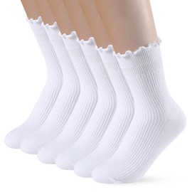 PRAOAHEI Women's Ruffle Socks, 6 Pairs, Crew/Medium High, Premium Cotton, Knitted, Soft, Breathable, Gift, (Mid) White
