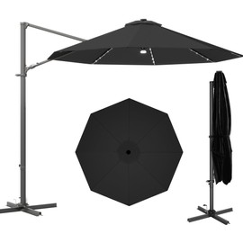 Devoko 10ft Solar LED Patio Umbrella, Round Cantilever Outdoor Umbrella with Solar Lights and 360-Degree Rotation, Large Hanging Offset Market Umbrella with Easy Tilt for Patio Deck Garden,Black