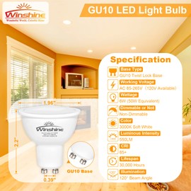 winshine GU10 LED Bulb, 50W Halogen Equivalent Light Bulbs, 3000K Warm White 2 Prong Base GU10 Bulb, LED Halogen Replacement Bulbs for Recessed Track Light 120V 550LM 120 Degree, Non-Dimmable 6 Pack