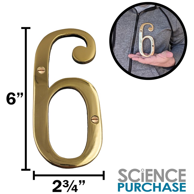 6-inch House Number 6 (Six) with Mounting Screws, Polished Brass,