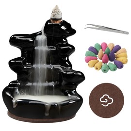 RAFIYU Waterfall Backflow Incense Burner, Ceramic Incense Cone Holder with 60 Cones, Tongs and Table Mat, Home Decor for Meditation, Relaxation, Purification, Yoga Gifts