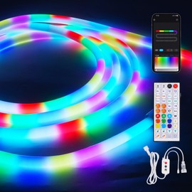 Smart RGB LED Rope Lights, IP68 Waterproof RGB+IC Silicone Strip Lights, Flexible Rope Light with APP and Remote Control, Dimmable Strip for Gaming, Living Room Bedroom Indoor/Outdoor Decor (12FT)