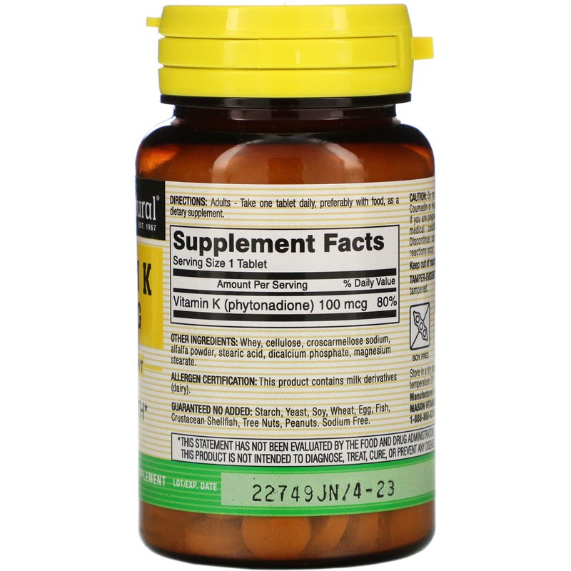 Mason Vitamins Vitamin K 100 mcg Tablets, 100-Count Bottles