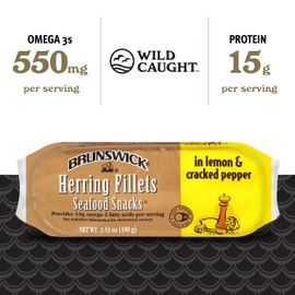 Brunswick Herring Fillets in Lemon & Cracked Pepper, 3.53 oz Can - 15g Protein per Serving - Gluten Free, Keto Friendly - Great for Pasta & Seafood Recipes