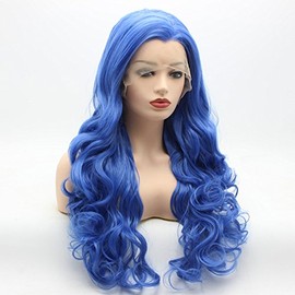 Meiyite Hair Wavy Long 26inch Blue Thick Heavy Density Realistic Synthetic Lace Front Wigs