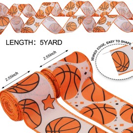 YKW 2 Rolls Basketball Ribbon, 2.5inch Each Wired Edge Burlap Ribbon - Orange Basketball Pattern Ribbons for Wreath Making, Cheer Bows, Team Spirit, Party Decoration, Craft DIY, Sports Decor