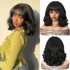 WIGER Yaki Texture Wavy Wig with Bangs for Women Short Curly Bob Wigs