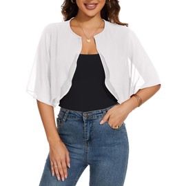 HANERDUN Bolero Women's Festive Elegant Chiffon Cardigan 3/4 Sleeve Short Shoulder Jacket Perfect with All Sorts of Cocktail Dress Evening Dress, White