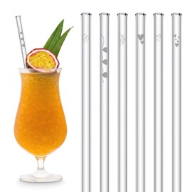 Halm Glass Drinking Straws with Engraved Heart Symbols | 6 Pieces 23cm with Cleaning Brush | Heart Gift for Girlfriend Husband for Anniversary and Valentine's Day | Romantic Presents for Him and Her