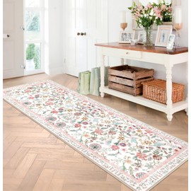 Rugalia Floral Washable Runner Rug, 2.6x8 Pink Rug Runners for Hallways Non-Slip, Soft Low Pile Flower Birds Long Bathroom Mat Botanical Throw Carpet for Kitchen Laundry Entryway Porch