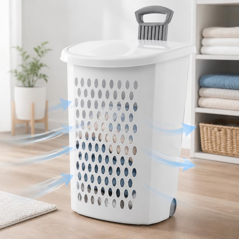 Wheeled Laundry Hamper with Handle, 2 Bushel Plastic Rolling Clothes