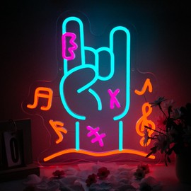 Goneons Rock Hand Neon Sign Music Neon Light LED Blue Neon Light for Wall Decor,Dimmable & USB Powered Rock and Roll Neon for Live Music Bar Pub Club Party Restaurant Gifts
