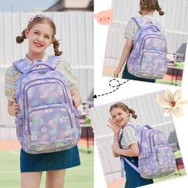 Robhomily Girls Backpack with Lunch Box for Elementary Middle School,17 Inch Purple Lightweight School Backpack with Lunch Bags Set for Girls