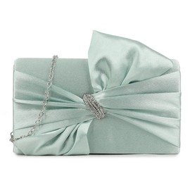 LeahWard Evening Clutch Bag with Bow, Satin Wedding Party Bags, Crystal Rhinestone Detail, Chain Strap (Mint)