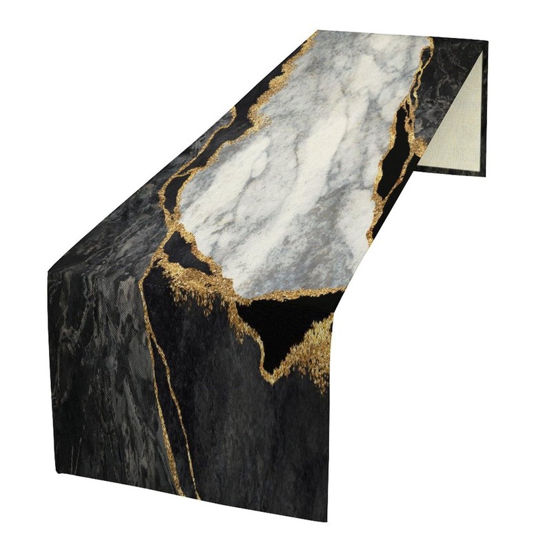 Marble Texture Table Runner Black Gold White Kitchen Dinner Runner