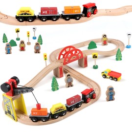 Qilay Wooden Train Set for Toddler - 39 Pcs Wood Train Tracks with Crane, Bridge & 5 Wooden Trains - Train Toys for 3,4,5 Year Old Boys & Girls - Fit All Major Bands Tracks Set