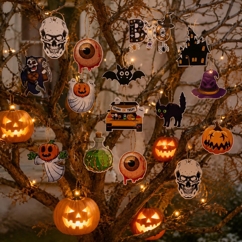 24 Halloween Tree Decorations, Paper Hanging Ornaments with Hanging Twine