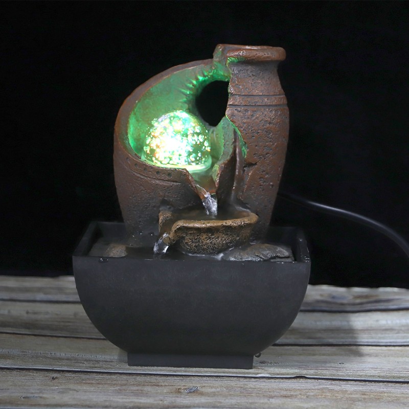 Desktop Fountain Flowing Water Decoration Ornament with LED Light Decor