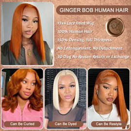 EAGERA Ginger Bob Lace Front Wig Human Hair 10 Inch 13x4 Orange HD Lace Closure Human Hair Wig Pre Plucked with Baby Hair Short Ginger Straight Bob Colored Wig Human Hair 180% Density for Women