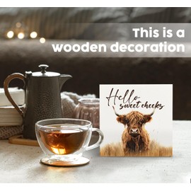 Nitelat Hello Sweet Cheeks Bathroom Sign - Western Highland Cow Wood Sign, Rustic Farmhouse Home Decor