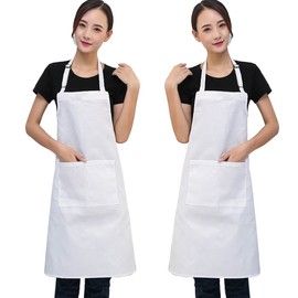 SERWOO (66 x 76 cm) Pack of 2 Apron Cooking Apron Kitchen Apron Bib Apron Baking Apron Waiter's Apron White with 2 Front Pockets Adjustable Neck Strap for Women Men Chef