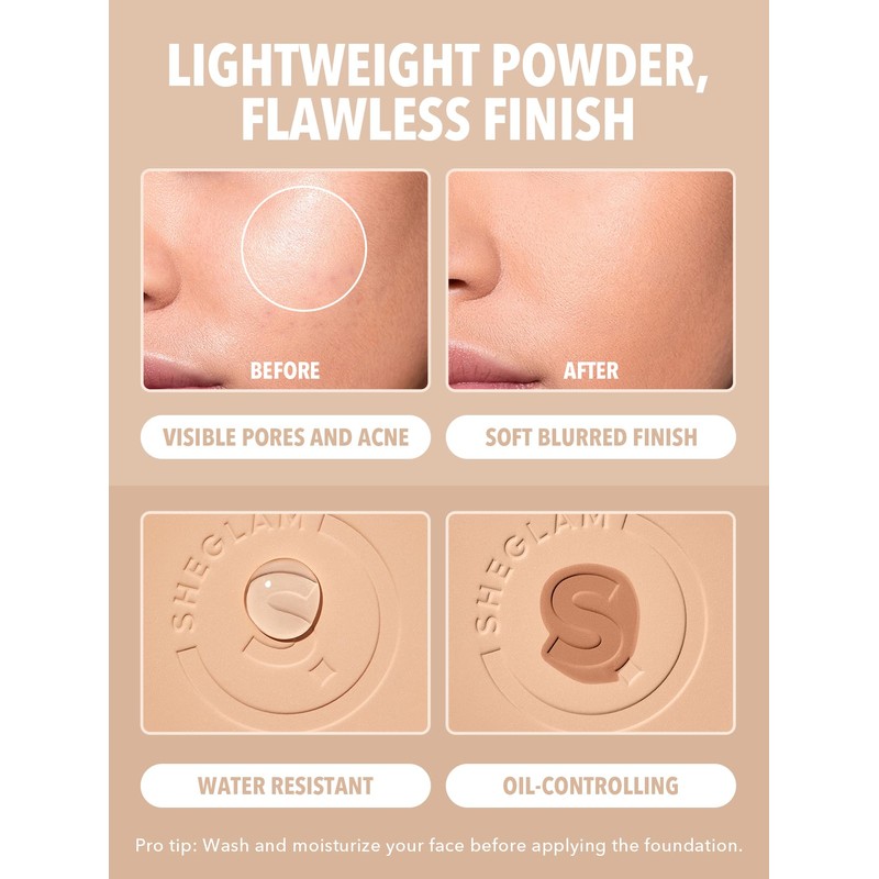SHEGLAM SKin-Focus Full Coverage Powder Foundation Oil-Control Lightweight Face Pressed