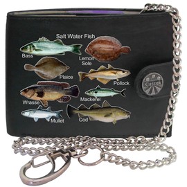 Klassek Saltwater Fish Fishermans Sea Coast Fishing Mens Wallet with Chain Real Leather RFID Blocking with Coin Pocket and Metal Gift Box