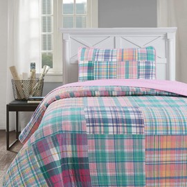 Cozy Line Home Fashions 100% Cotton Real Patchwork Pink Blue Green Reversible Quilt Bedding Set, Bedspread, Coverlet (Pink Plaid, Twin - 2 Piece)