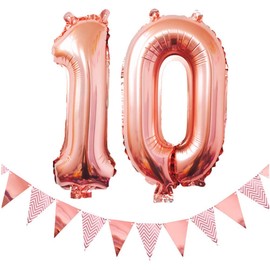 Pargleev Number 10 Foil Balloons with Bunting, 10th Birthday Helium Foil Balloons Giant Big 40inch Rose Gold Flag for Surprise Party Decorations Anniversary
