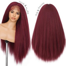 WIGNEE Full Lace Kinky Straight Wig 30 Inch Synthetic Yaki Straight Wig 180% Density Pre-Plucked Kinky Wig with Baby Hair Yaki Wigs For Black Women Daily Use(Red)