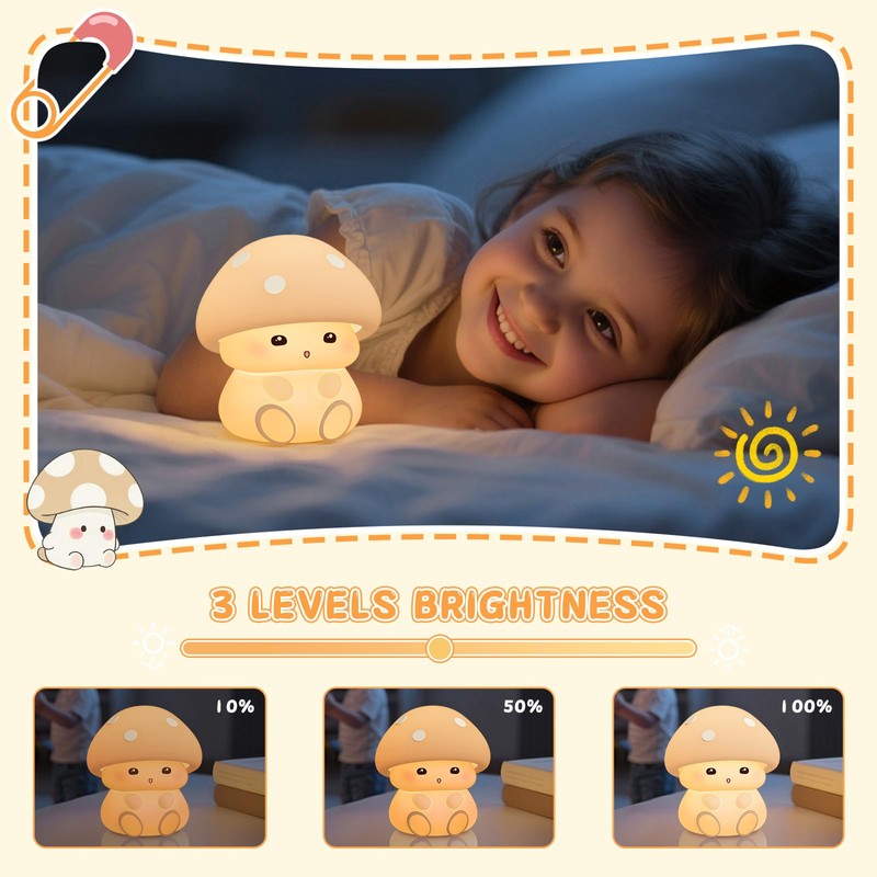 Mushroom Night Light for Kids Room 7 Colors 3 Brightness