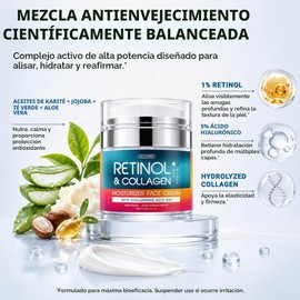 Crema de retinol para cara con ácido hialurónico – Hidratante facial de colágeno para mujeres y hombres – Fórmula avanzada antienvejecimiento para levantar la piel – Reduce las arrugas, líneas finas y sequedad – 1.7 onzas líquidas