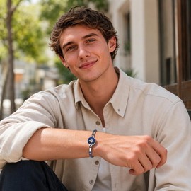 Natural Men Lapis Lazuli Bracelet : Compass Bracelet for Men,Adjustable Stainless Steel Men's Link Chain,Jewelry Gifts for Him,Birthday Travel New Journey Graduation Gift for Son Boyfriend Friends