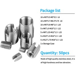 Self Tapping Thread Insert Kit，Acogedor 50Pcs Stainless Steel Inner Thread Self Tapping Thread Inserts Set Thread Reinforce Repair Tool,M3/M4/M5/M6/M8/M10/M12