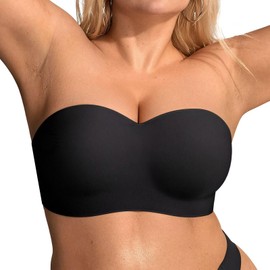 Vertvie Strapless Bras for Women Underwire Push Up Bandeau Top Bra Plus Size Seamless Side and Back Smoothing Padded Bralette(38DD,Black)