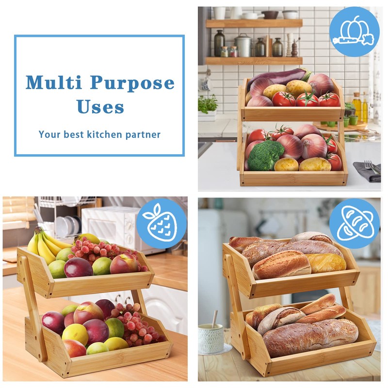 Merysen 2 Tier Fruit Basket For Kitchen- Bamboo Fruit and