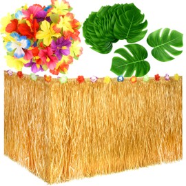 KUUQA Luau Hawaiian Grass Table Skirt and 48 Pcs Artificial Tropical Palm Monstera Leaves Hibiscus Flowers for Aloha Tiki Jungle Moana Theme Tropical Birthday Party Decorations Ideas Supplies