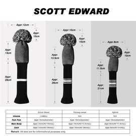 Scott Edward Knitted Golf Club Head Covers for Woods 3Pcs Set Golf Driver (460CC) Fairways and Hybrid/UT with Rotating Number Tags(Black and White Dots)