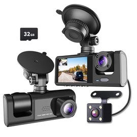 PTHTECHUS®DashCam para Auto, HD 1080P Cámara triples Delanteras y traseras integradas con Tarjeta SD 32GB, Camara Automovil con Súper Visión Nocturna,