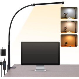 Voncerus LED Desk Lamp with Clamp, Eye-Caring Clip on Lights for Home Office, 3 Modes 10 Brightness, Long Flexible Goose-Neck, Metal, Swing Arm Architect Task Table Lamps with USB Adapter, Black