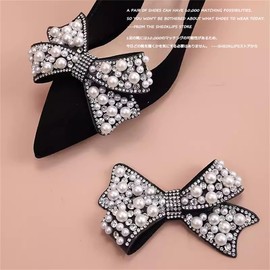 2 Pcs Pearl Bow Shoe Clips DIY Rhinestone Shoe Clips Bridal Wedding Shoe Accessories Detachable Shoe Buckle Heels Decor Black