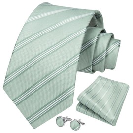 HISDERN Mens Ties Classic Sage Green Ties and Pocket Square Formal Business Stripe Necktie Handkerchief Cufflinks Set Wedding Party Neckties for Men